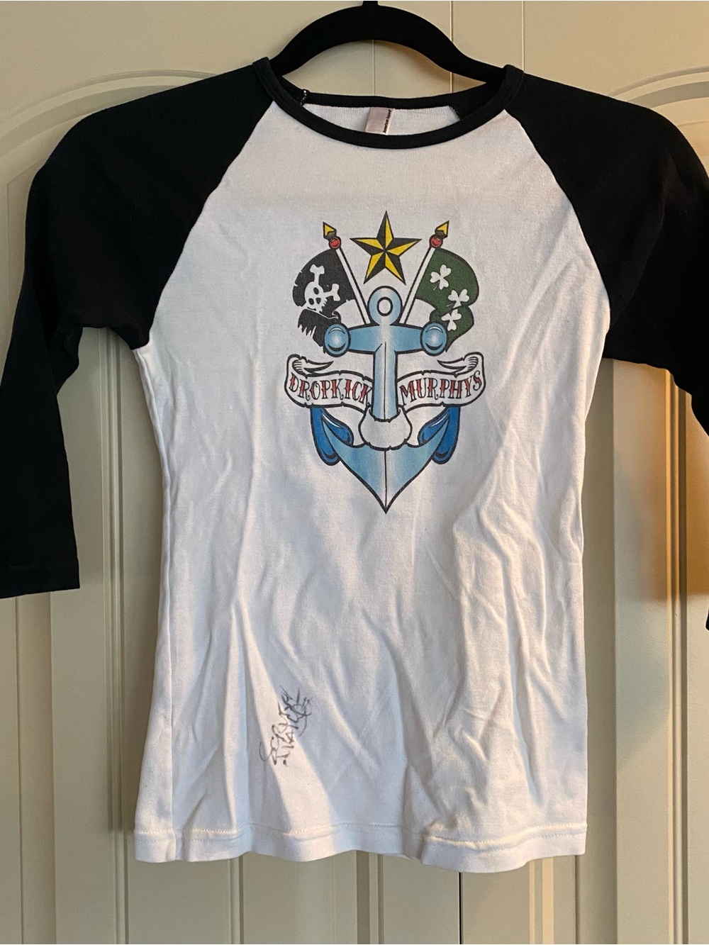 American Apparel White & Black Raglan Tee - DropKick Murphys Band Tshirt